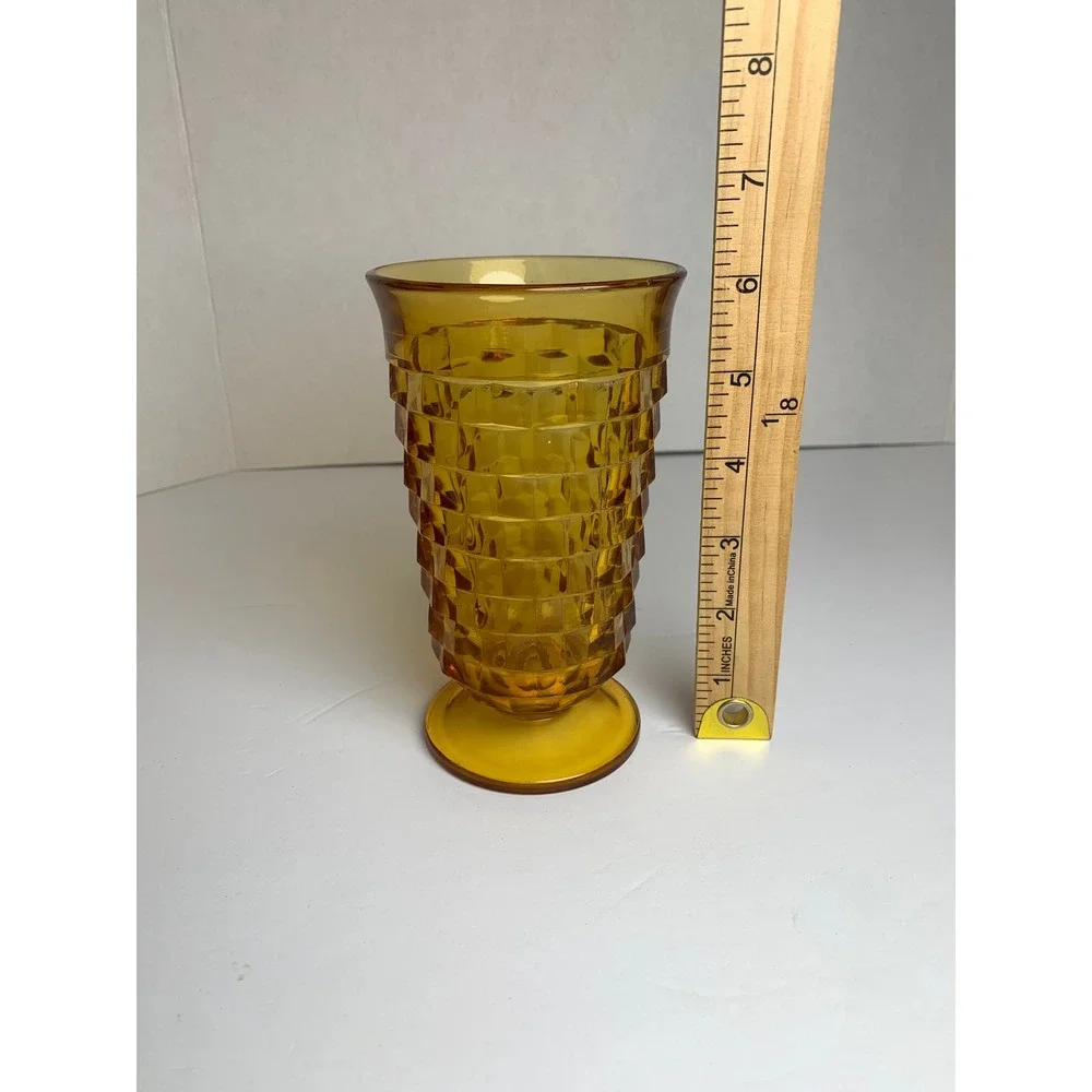 Vintage 70s Amber Glass Footed Tumbler Geometric Cube Pattern Mid Century Retro